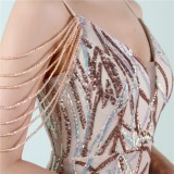Women Summer Gold Vintage Strap Sleeveless Striped Print Metallic Sequined Mermaid Evening Dress