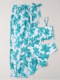 Women Blue TIE-FRONT Floral Print Cascading Ruffle Cover-Up Swimsuit Set