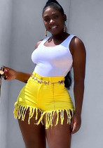 Pantalones cortos de verano para mujer, rectos, amarillos, de cintura alta, con cremallera, lisos, con flecos, regulares