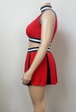 Women Summer Red Preppy Style Turtleneck Sleeveless High Waist Striped Print Hollow Out Regular Plus Size Two Piece Skirt Set
