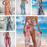 Women Blue Strap Floral Print Cascading Ruffle Cover-Up Swimsuit Set