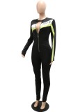 Women Spring Black Casual O-Neck Full Sleeves Color Blocking Full Length Regular Jumpsuit