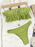 Women Green Ruffle-Strap Strapless Solid Cascading Ruffle Two Piece Swimwear