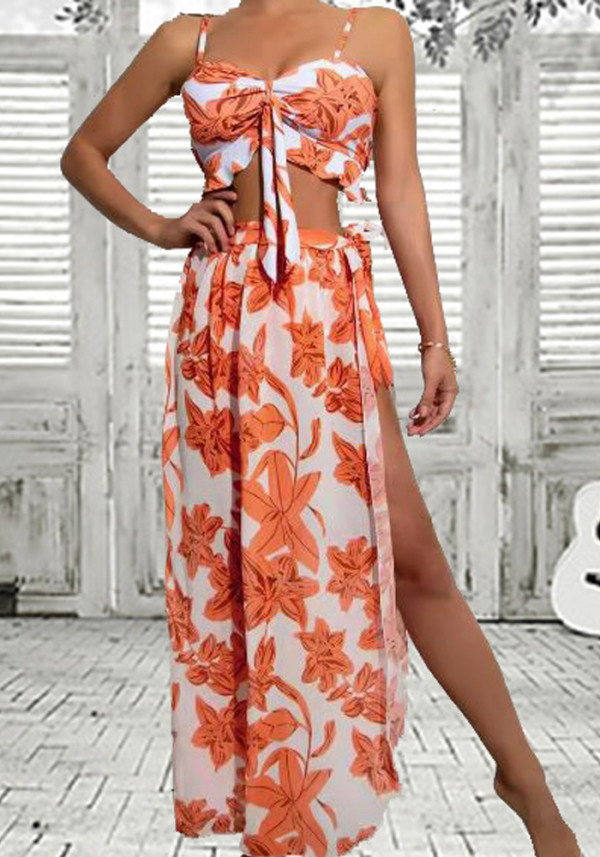 Women Orange TIE-FRONT Floral Print Cascading Ruffle Cover-Up Swimsuit Set