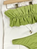 Women Green Ruffle-Strap Strapless Solid Cascading Ruffle Two Piece Swimwear