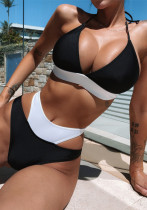 Traje de baño de dos piezas de bikini negro con cuello en V y bloqueo de color para mujer