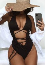 Schwarzer Badeanzug mit V-Ausschnitt und fester Schnürung für Damen