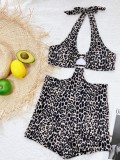 Women Printed Halter Round Neck Leopard Print Hollow Out One Piece Swimsuit