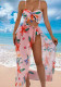 Women Pink TIE-FRONT Floral Print Cascading Ruffle Cover-Up Swimsuit Set
