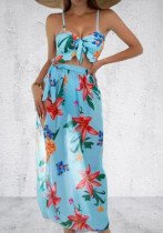 Women Blue Strap Floral Print Cascading Ruffle Cover-Up Swimsuit Set