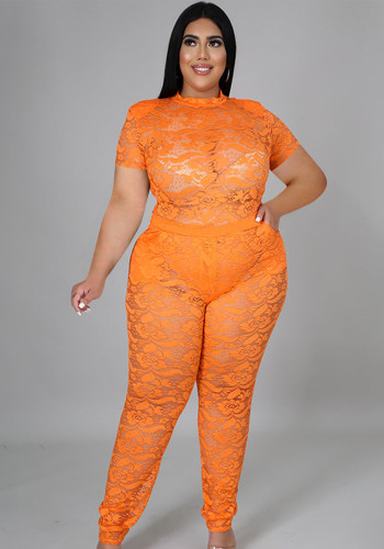 Femmes été Orange Sexy col roulé manches courtes taille haute solide dentelle évider maigre grande taille deux pièces pantalon ensemble