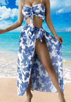 Damen Blue Strap Blumendruck Cascading Ruffle Cover-Up-Badeanzug-Set
