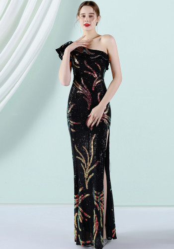 女性の夏の黒のロマンチックなスラッシュネックノースリーブスパンコールのウェディングドレス