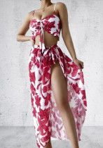 Women Red TIE-FRONT Floral Print Cascading Ruffle Cover-Up Swimsuit Set