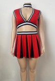 Women Summer Red Preppy Style Turtleneck Sleeveless High Waist Striped Print Hollow Out Regular Plus Size Two Piece Skirt Set