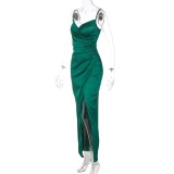 Women Summer Green Sexy V-neck Sleeveless Solid Satin Silt Evening Dress