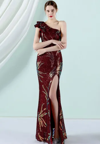 Women Summer Burgunry Romantic Slash Neck Sleeveless Sequined Wedding Dress