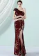 Women Summer Burgunry Romantic Slash Neck Sleeveless Sequined Wedding Dress