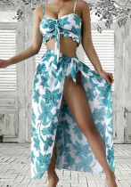 Women Blue TIE-FRONT Floral Print Cascading Ruffle Cover-Up Swimsuit Set