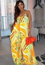 Frauen-Sommer-gelber beiläufiger Bügel-ärmelloser Batik-Taschen-Overall in voller Länge