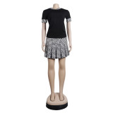 Women Summer Black Casual O-Neck Short Sleeves High Waist Geometric Print Regular MiniTwo Piece Skirt Set