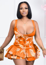 Женские летние оранжевые сексуальные шорты без рукавов с высокой талией и цветочным принтом с каскадными оборками, обычные шорты из двух частей