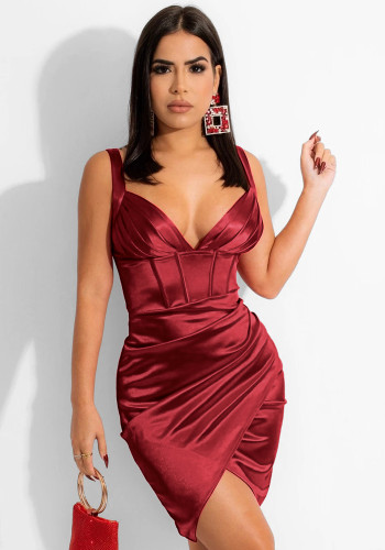 Mini abito aderente in raso di colore solido senza maniche con scollo a V sexy rosso estivo da donna