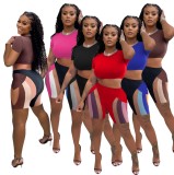 Women Summer Black Casual O-Neck Short Sleeves High Waist Color Blocking Regular Two Piece Shorts Set