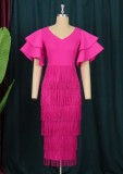 Women Summer Rose Formal V-neck Half Sleeves Solid Fringed Pencil Midi Dress