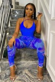 Women Summer Blue Modest Slash Neck Sleeveless High Waist Printed Mesh Skinny Two Piece Pants Set