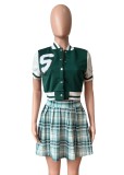 Women Summer Green Preppy Style O-Neck Short Sleeves High Waist Plaid Print Embroidery Regular MiniTwo Piece Skirt Set