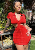 Women Summer Red Sexy Turn-down Collar Short Sleeves Solid color Button Mini Bodycon Dress