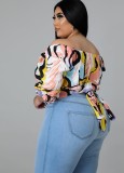 Women Spring Printed Cute Off-the-shoulder Half Sleeves Print Regular Plus Size Blouse
