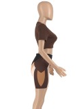 Women Summer Brown Casual O-Neck Short Sleeves High Waist Color Blocking Regular Two Piece Shorts Set