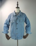 Women Spring Blue Full Sleeves Character Print Denim Pockets Regular Jacket