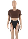 Women Summer Brown Casual O-Neck Short Sleeves High Waist Color Blocking Regular Two Piece Shorts Set