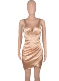Women Summer Gold Sexy V-neck Sleeveless Solid color Satin Mini Bodycon Dress