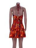 Women Summer Printed Romantic V-neck Sleeveless Printed Cascading Ruffle Mini A-line Holiday Dress