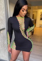 Kadın Yaz Siyah Seksi Tam Kollu Katı Dantel Up Mini Düz Kulüp Elbise