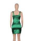 Women Summer Green Sexy V-neck Sleeveless Solid color Satin Mini Bodycon Dress