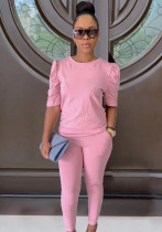Conjunto de pantalones regulares de dos piezas con bolsillos lisos de cintura alta para mujer, color rosa, informal, cuello redondo, media manga