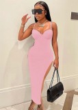 Women Summer Pink Sexy Strap Sleeveless Solid Ripped Maxi Dress