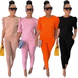 Women Spring Pink Casual O-Neck Half Sleeves High Waist Solid Pockets Regular Two Piece Pants Set