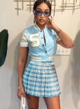 Women Summer Blue Preppy Style O-Neck Short Sleeves High Waist Plaid Print Embroidery Regular MiniTwo Piece Skirt Set