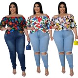 Women Spring White Cute Off-the-shoulder Half Sleeves Floral Print Regular Plus Size Blouse