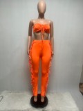 Women Summer Orange Casual Strapless Sleeveless High Waist Solid Lace Up Regular Two Piece Pants Set