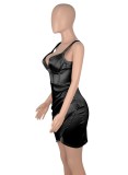 Women Summer Black Sexy V-neck Sleeveless Solid color Satin Mini Bodycon Dress