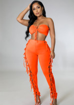 Women Summer Orange Casual Strapless Sleeveless High Waist Solid Lace Up Regular Two Piece Pants Set