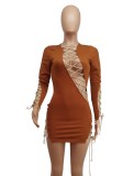 Women Summer Brown Sexy Full Sleeves Solid Lace Up Mini Straight Club Dress