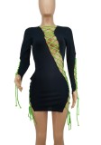 Women Summer Black Sexy Full Sleeves Solid Lace Up Mini Straight Club Dress